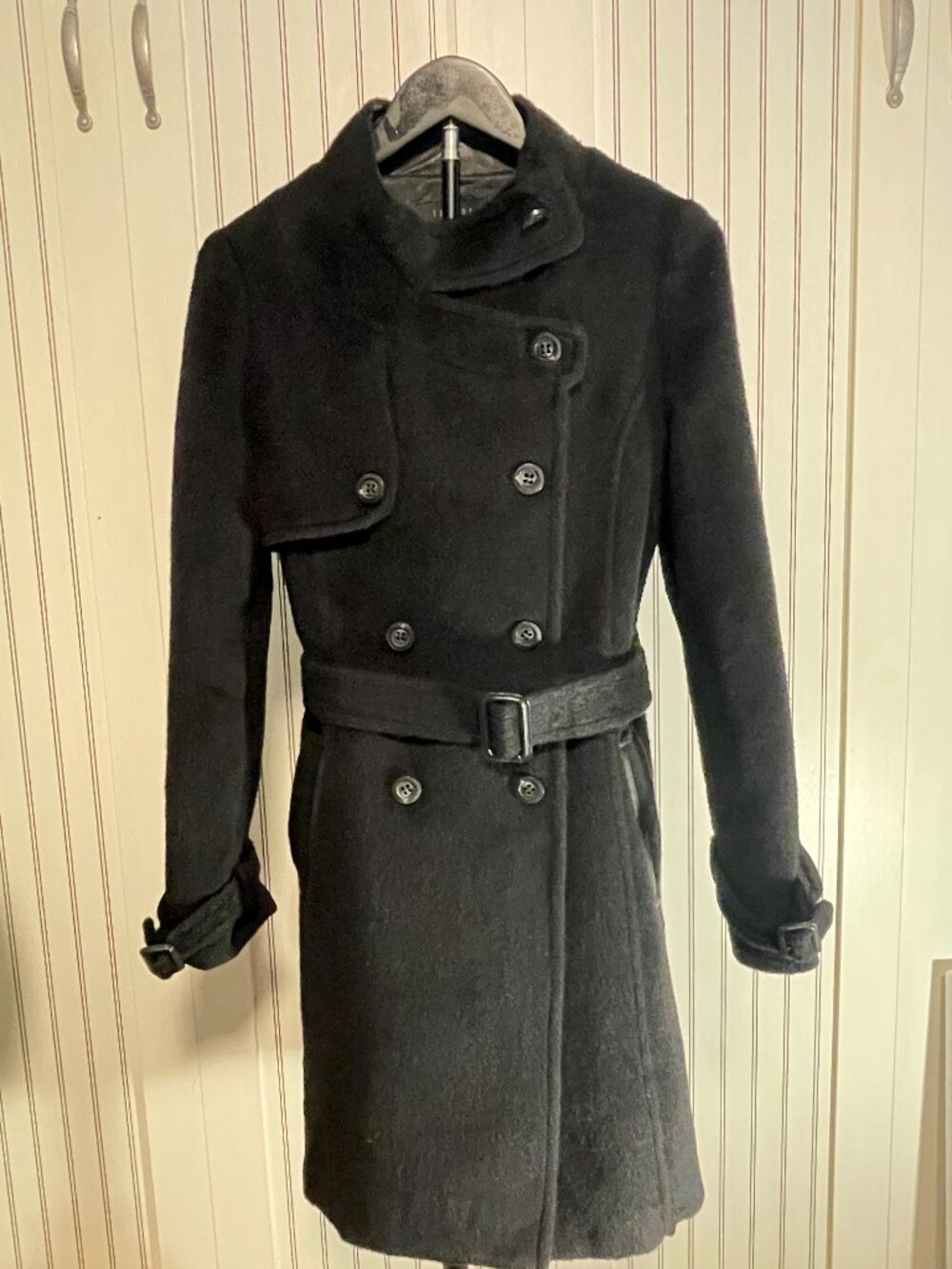 TOMBOY Black Wool 100%, leather trim Double-Breasted Coat – Belted